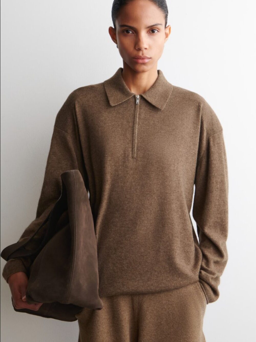 COS Merino Wool-Yak Zip-Up Polo Shirt - brown melange - NWT